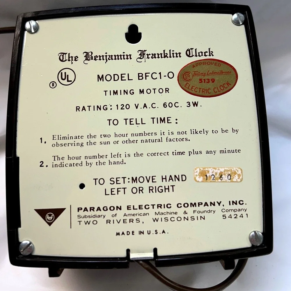 Vintage Benjamin Franklin Clock Paragon Electric BFC1-0 Single Hand Boxed USA